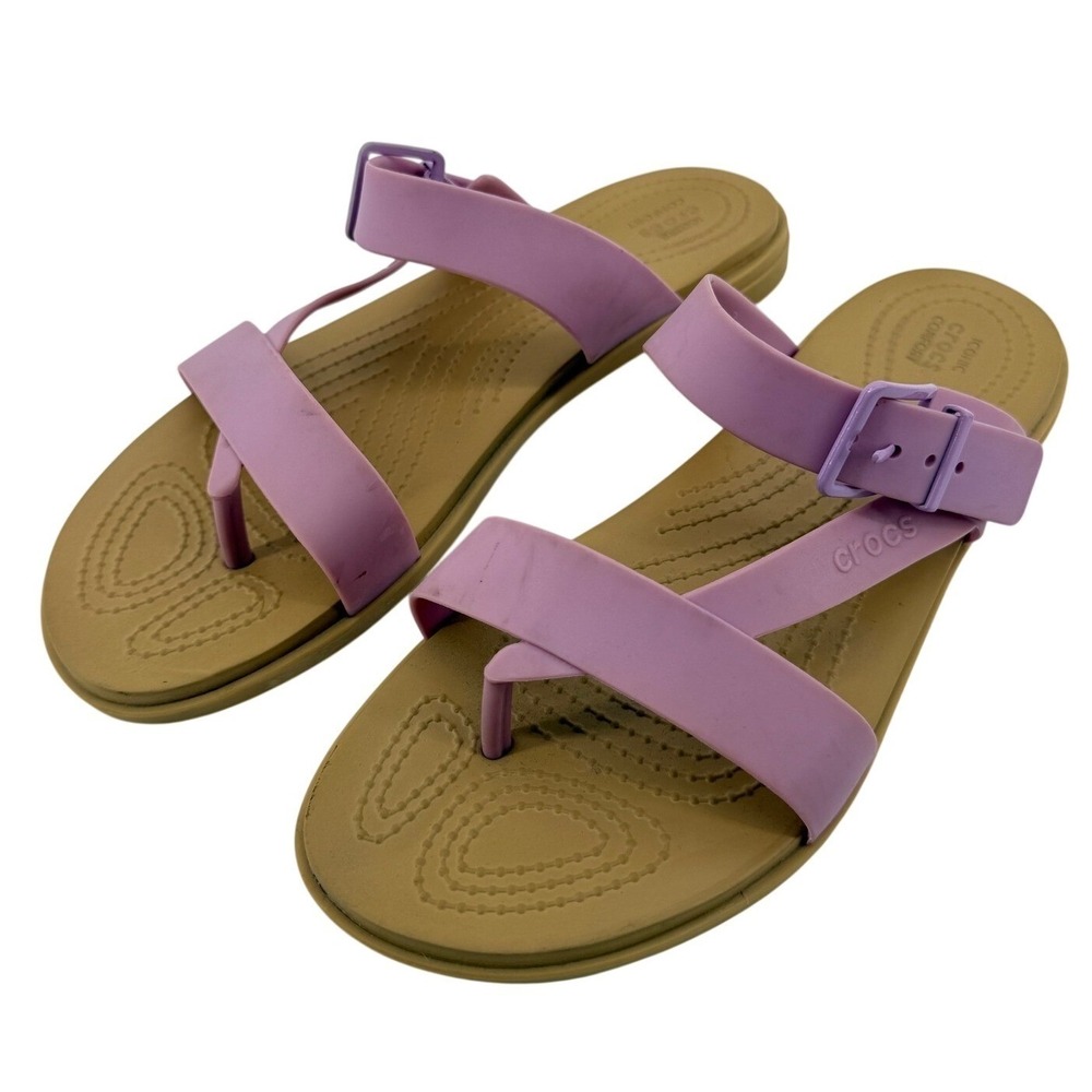 Crocs Tulum Toe Post Sandal Purple Tan Women 9 Slip On Buckle Casual Comfy